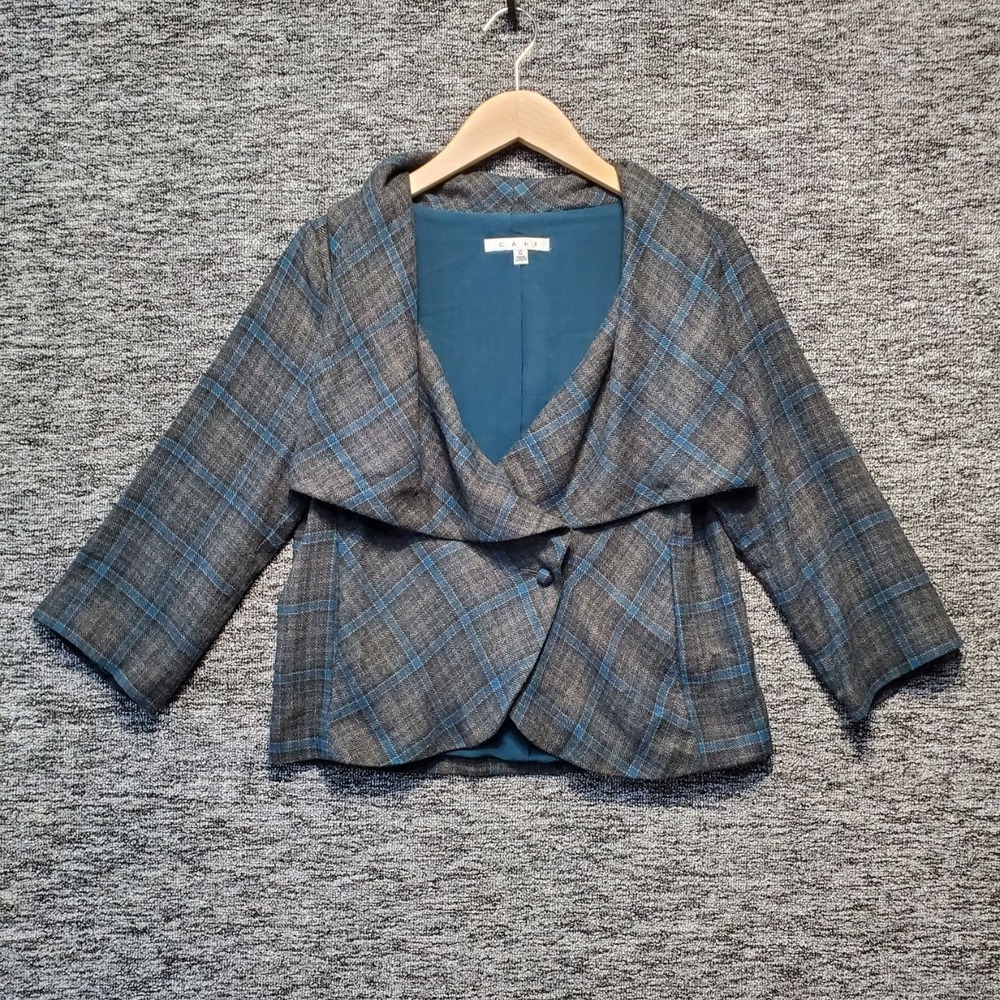 Cabi Court Plaid Cropped Jacket Women 6 Gray Teal Blue Shawl Collar Cape Blazer